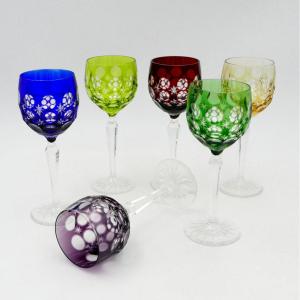 6 Rhine White Wine Glasses In Crystal, 20th Century, Blue, Red, Green, Purple, Amber.