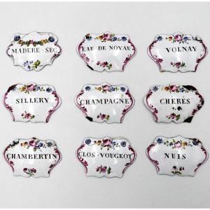 [rare] 18th Century, Nine Enameled Alcohol Bottle Plates, Louis XVI Period.