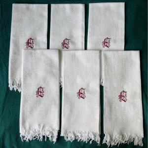 Six Hand Towels, Red “e” Monogram, Art Deco.