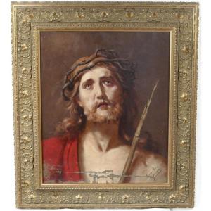 Ecce Homo, Huile Sur Toile, Fin XIXe, Tableau Religieux, Christ, Style XVIIe Siècle.