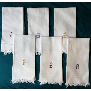 Six Serviettes De Toilette, Monogramme « J » 3 Couleurs, Art Déco.