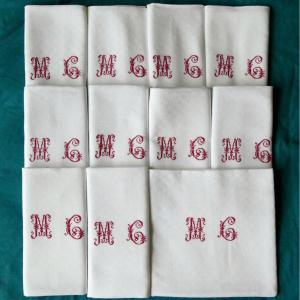 Our Damask Napkins, Red Monogram “mc”, Art Deco. 