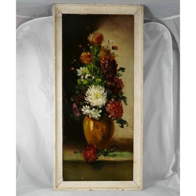 Oil On Cardboard, Bouquet Of Dahlias, Early XXème.