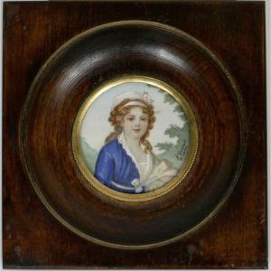 Miniature On Ivory, "the Young Girl In The Blue Dress", Late 19th Century, Signed.