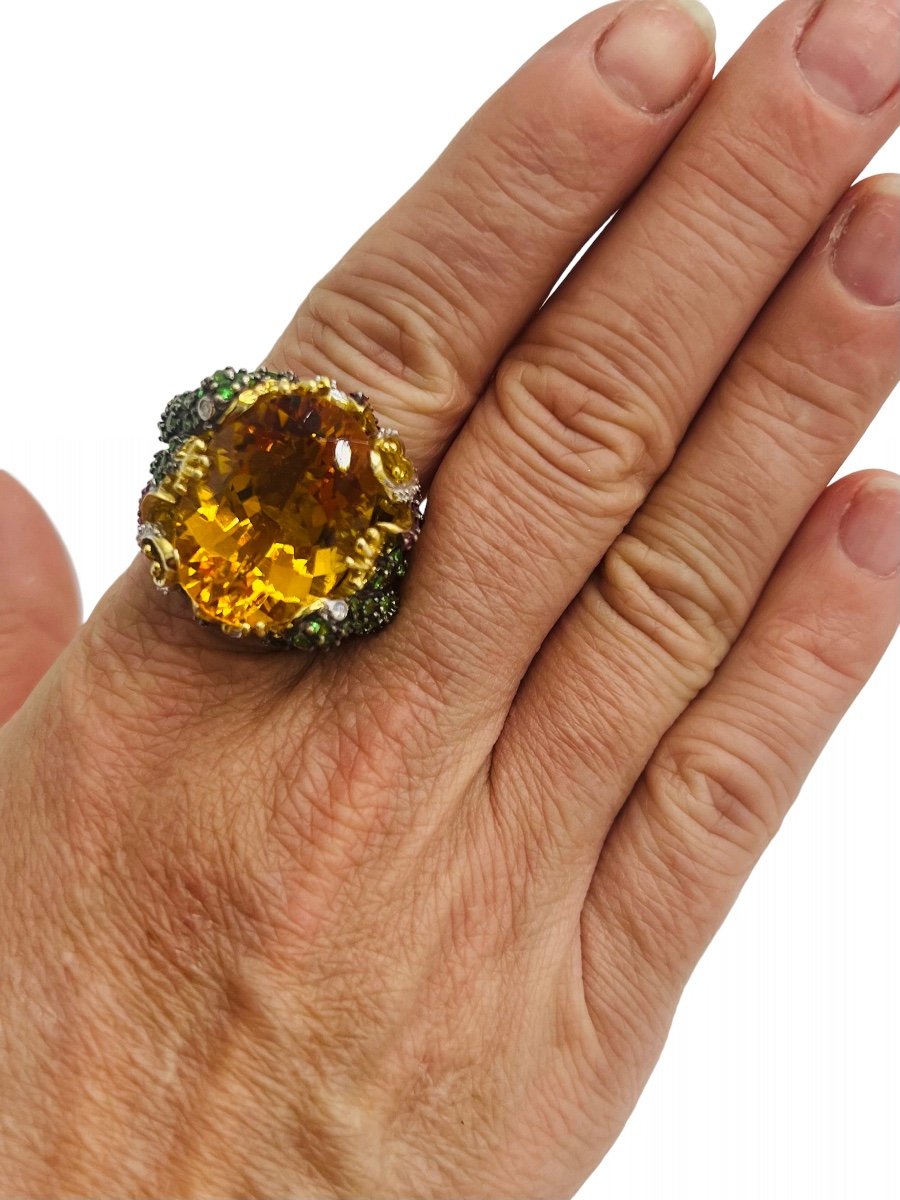 Bague Cocktail En Or 18 Carats Sertie d'Une Superbe Citrine-photo-7