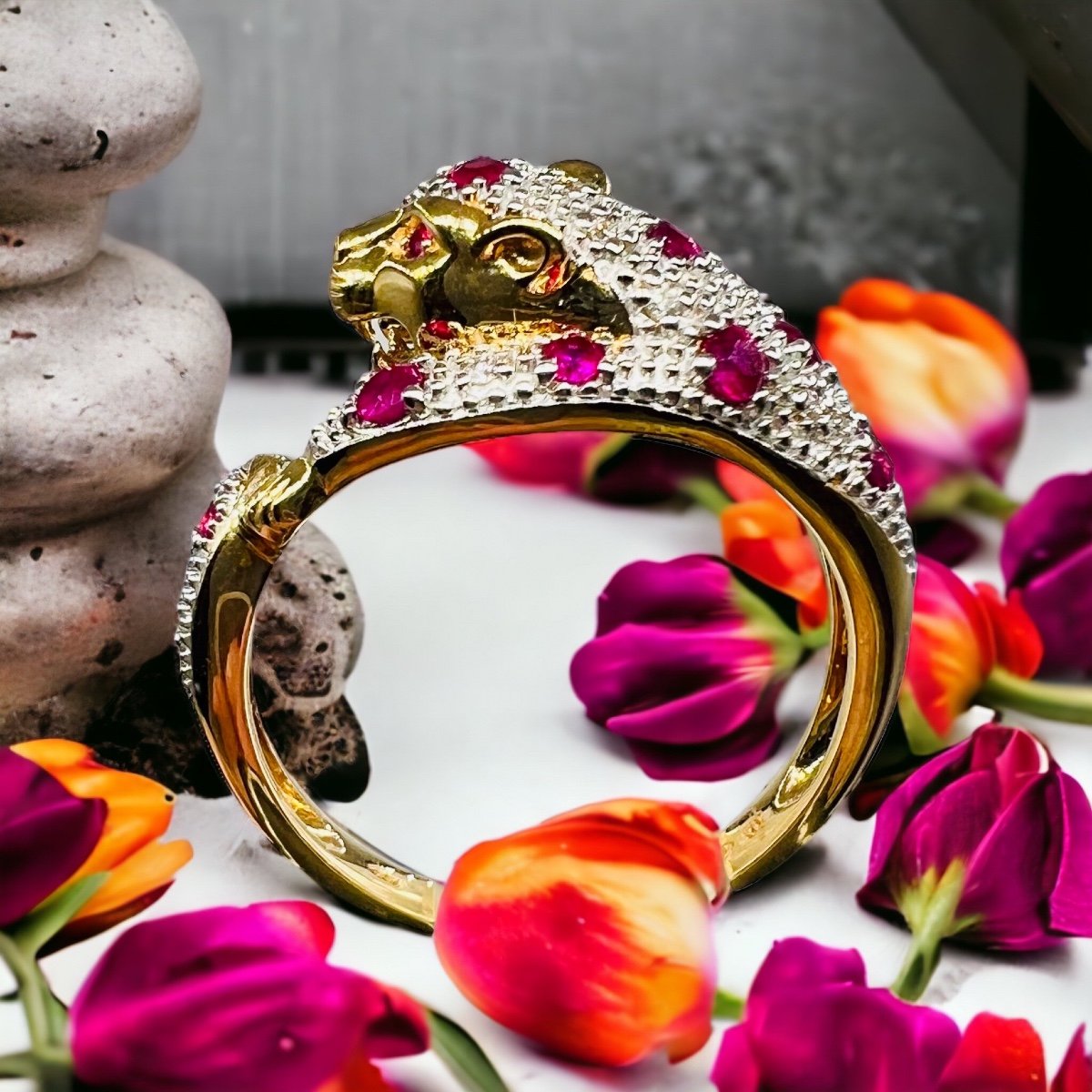 Bague Panthère Or 18 Carat Diamants Et Rubis-photo-2