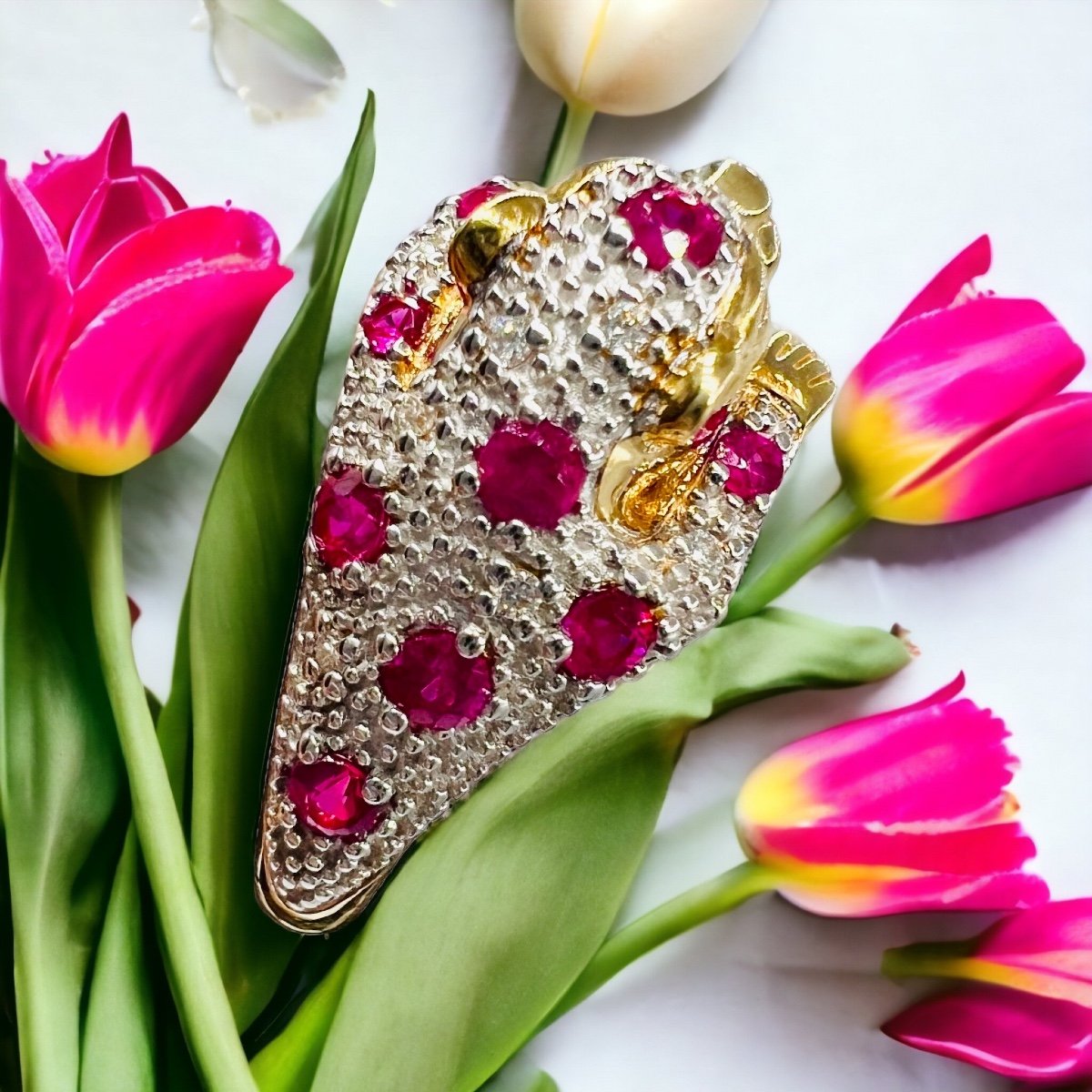 Bague Panthère Or 18 Carat Diamants Et Rubis-photo-4