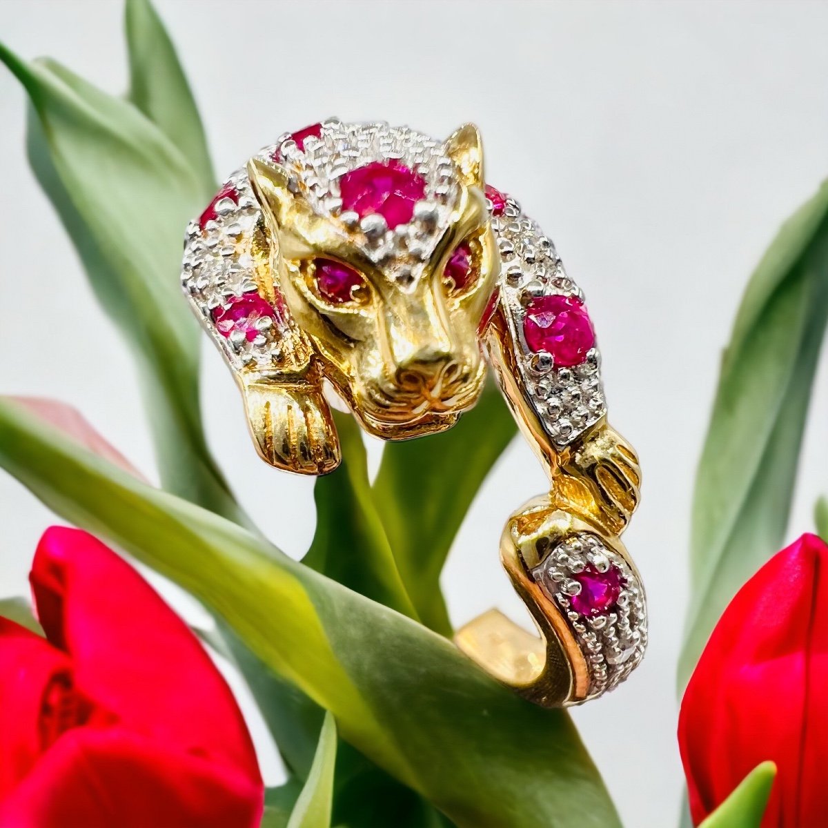 Bague Panthère Or 18 Carat Diamants Et Rubis-photo-1