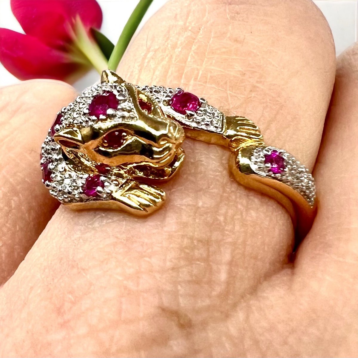 Bague Panthère Or 18 Carat Diamants Et Rubis-photo-4