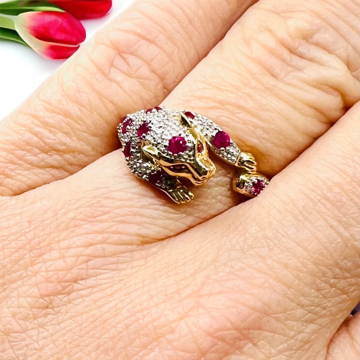 Bague Panthère Or 18 Carat Diamants Et Rubis-photo-8