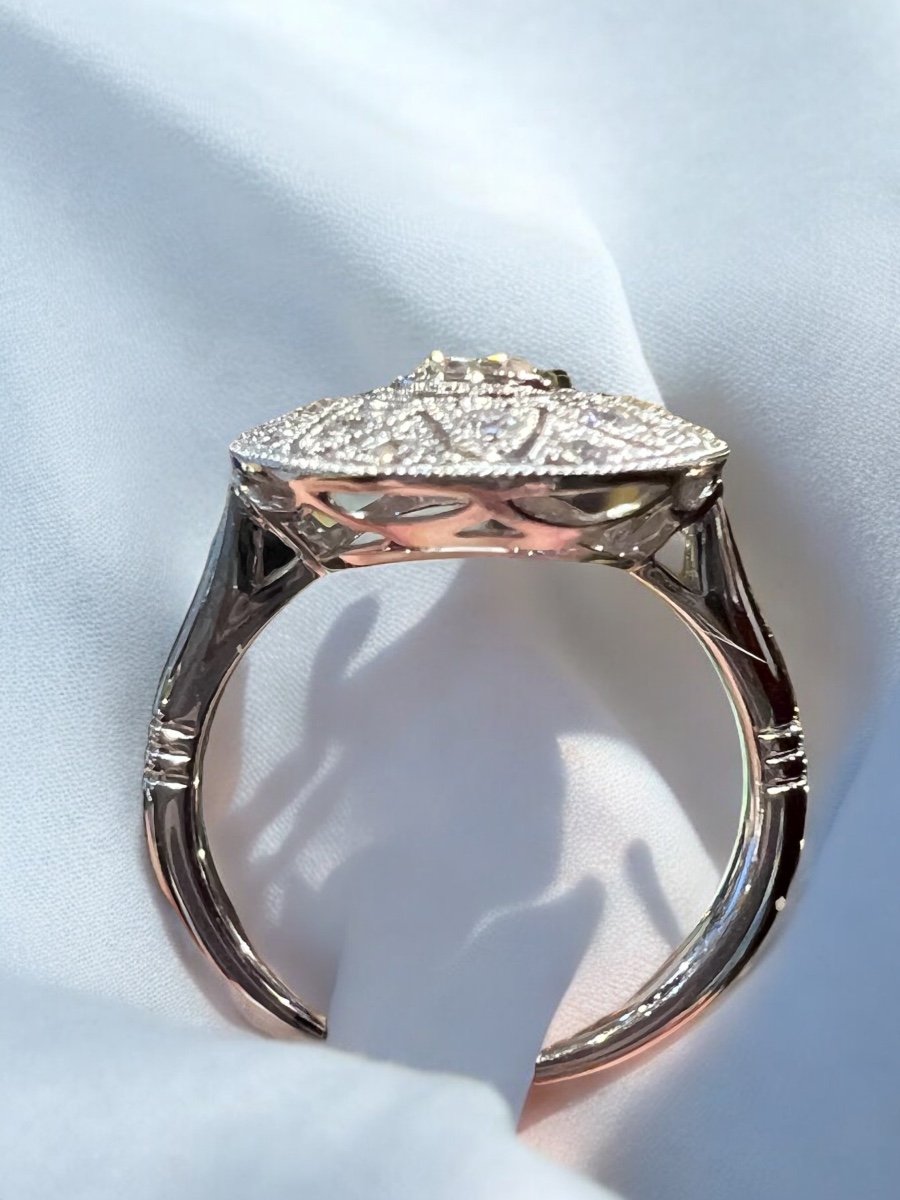 Ring “rosace Motif”, 0.58 Carat Pave Diamonds, Millegrain Setting, 18 Carat White Gold-photo-2