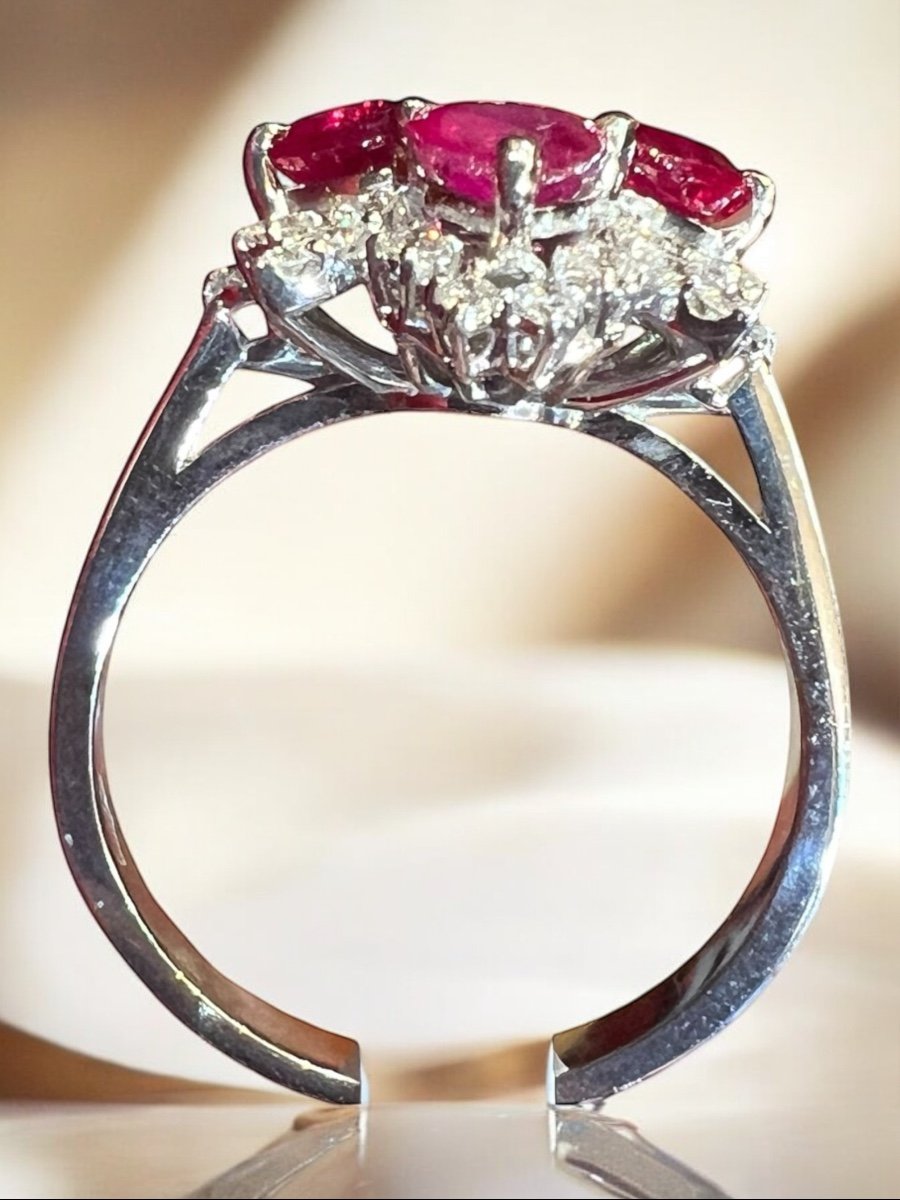 Bague  Or Blanc 18 Carat, 4  Rubis Taille"Coeur"  Pavage De Diamants-photo-4