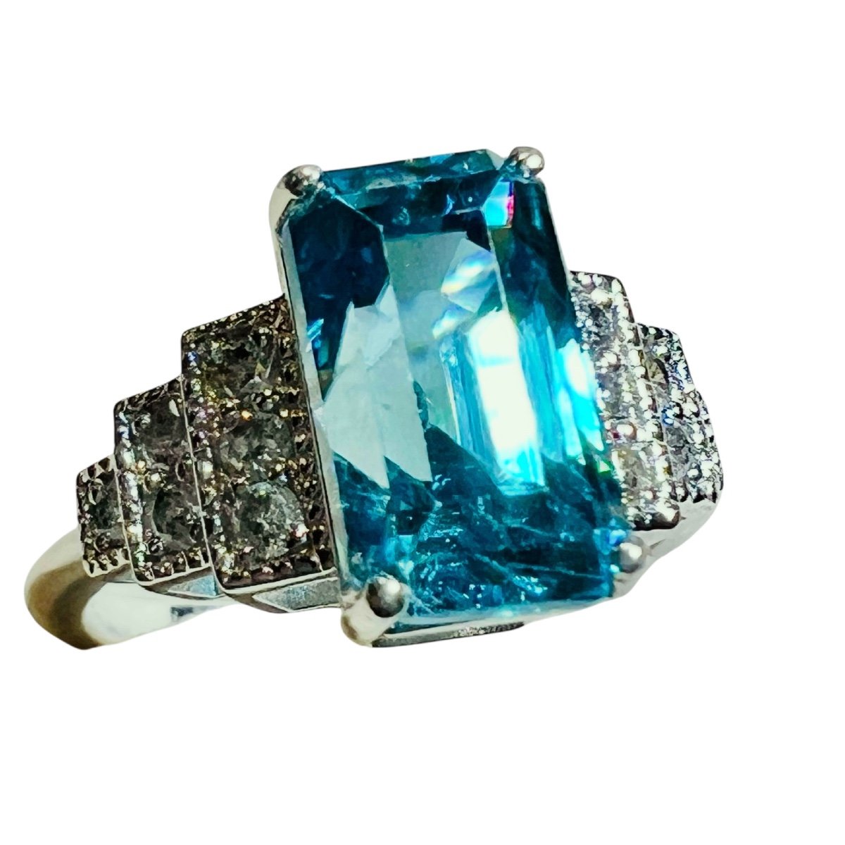 Bague Zyrcon Bleu et diamants, or blanc 18 carat-photo-2