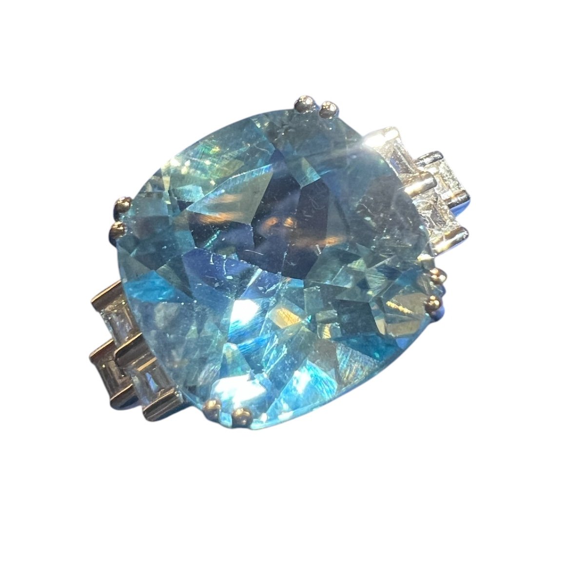 Bague Topaze Bleue 9.08 Ct Diamants 0.20 Ct, Or Blanc 18 Ct-photo-2