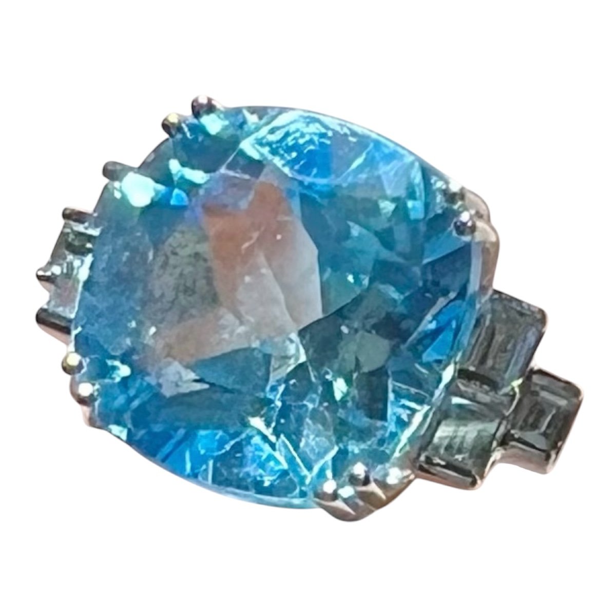 Bague Topaze Bleue 9.08 Ct Diamants 0.20 Ct, Or Blanc 18 Ct-photo-4