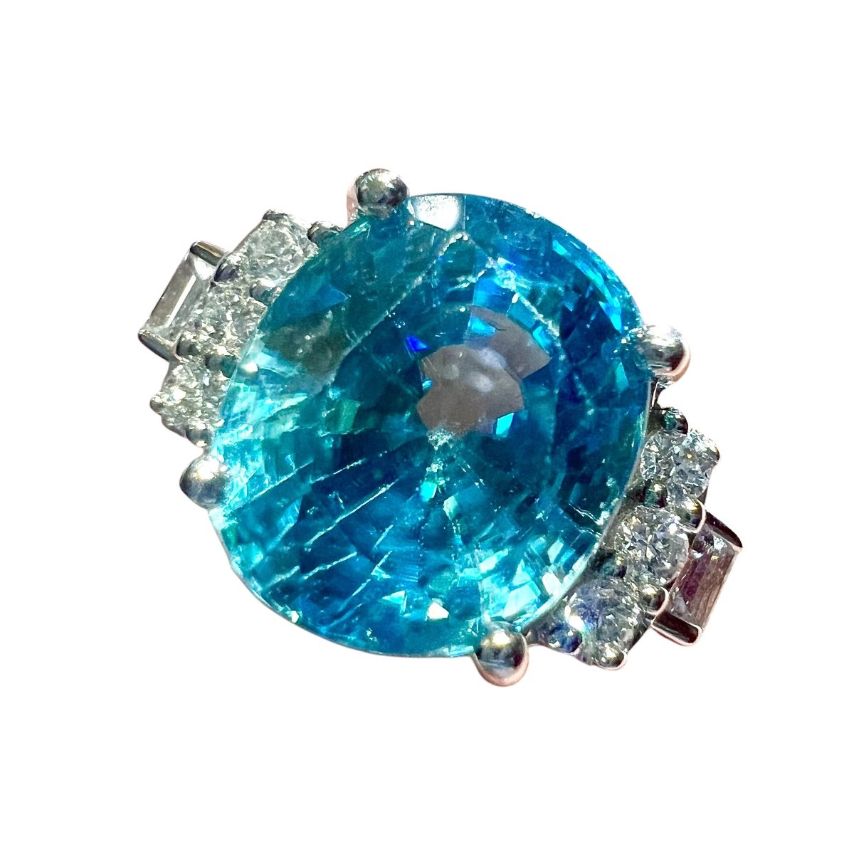 Bague Zircon Bleu Naturel , Diamants, Or Blanc 18 Carat-photo-4