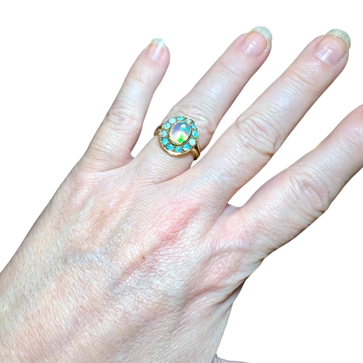 Marguerite Ring, Retro, 18 Carat Yellow Gold, Opals, Napoleon III Style, Circa 1970-photo-4