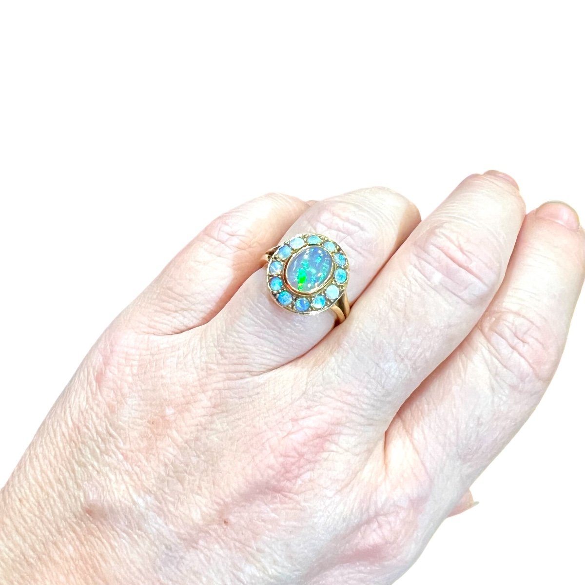 Marguerite Ring, Retro, 18 Carat Yellow Gold, Opals, Napoleon III Style, Circa 1970-photo-2