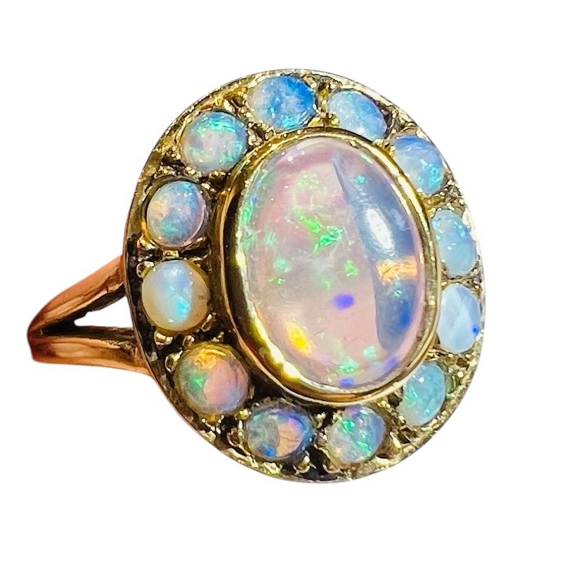 Marguerite Ring, Retro, 18 Carat Yellow Gold, Opals, Napoleon III Style, Circa 1970-photo-6