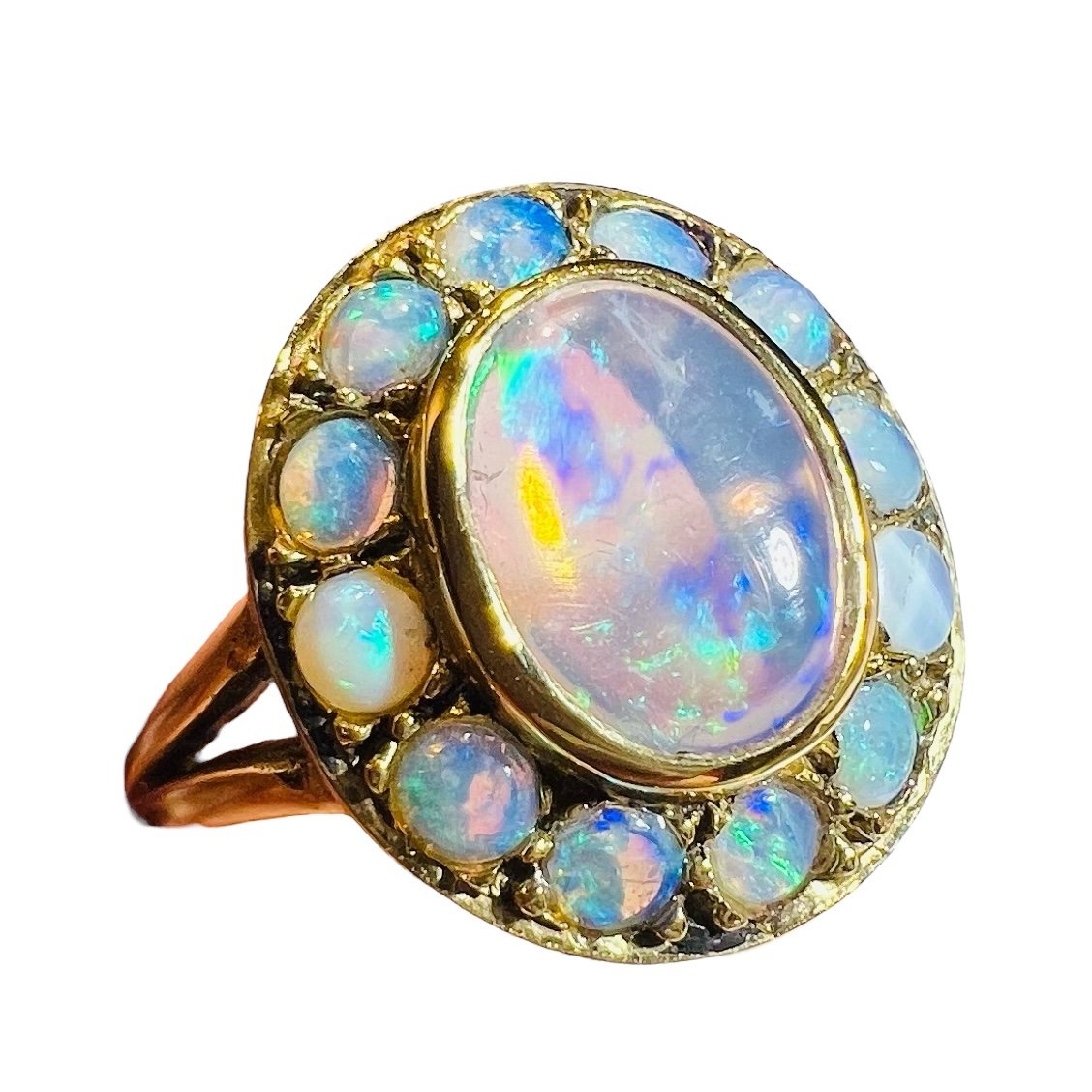 Marguerite Ring, Retro, 18 Carat Yellow Gold, Opals, Napoleon III Style, Circa 1970-photo-7