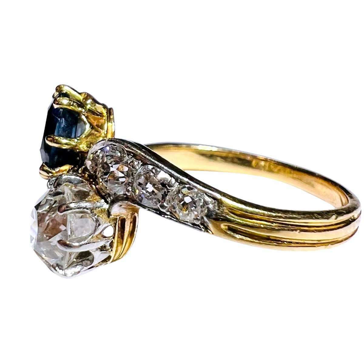 Ring “toi Et Moi ”diamond Sapphires 18 Carat Yellow Gold, Napoleon III Period 18 Carat  Gold-photo-2