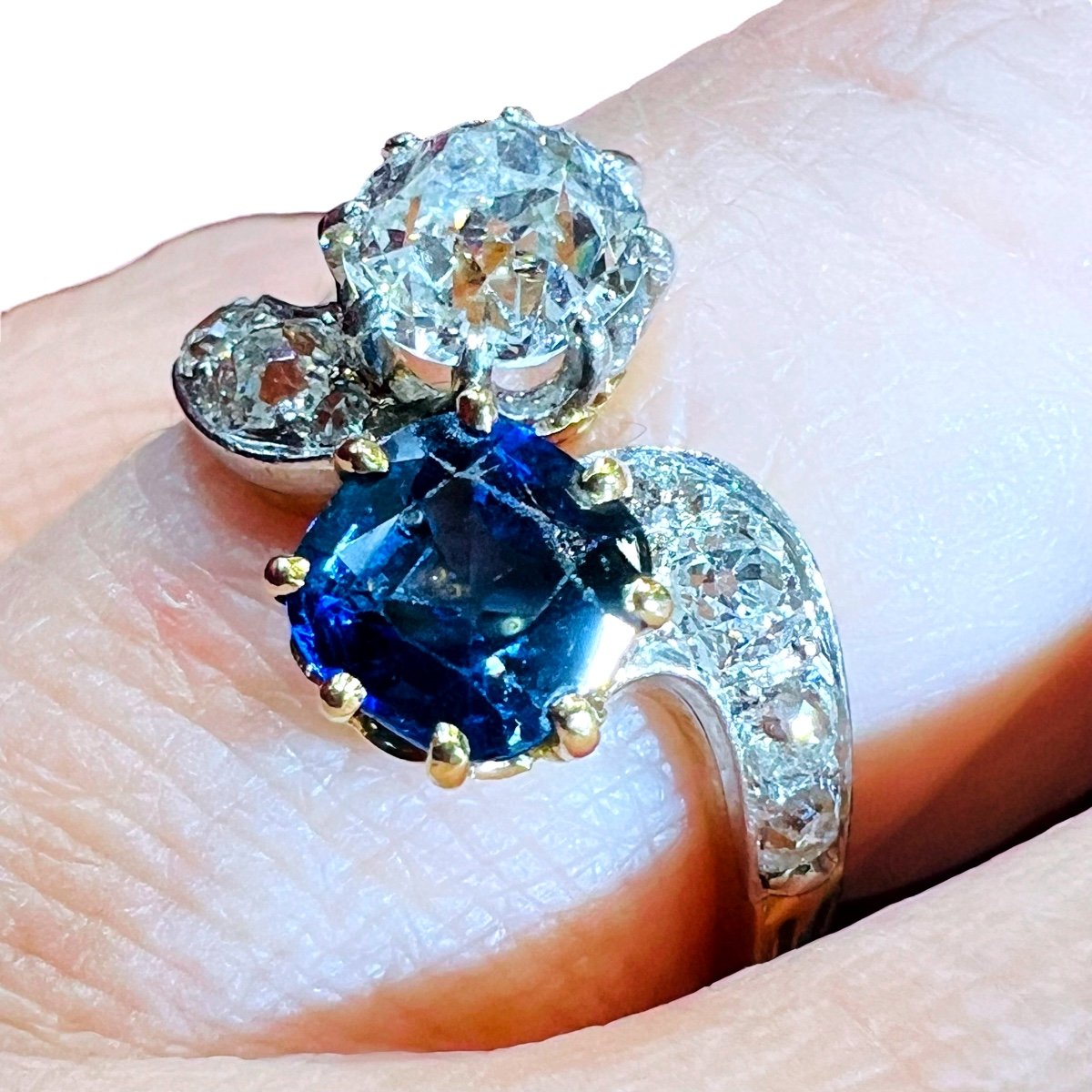 Ring “toi Et Moi ”diamond Sapphires 18 Carat Yellow Gold, Napoleon III Period 18 Carat  Gold-photo-3