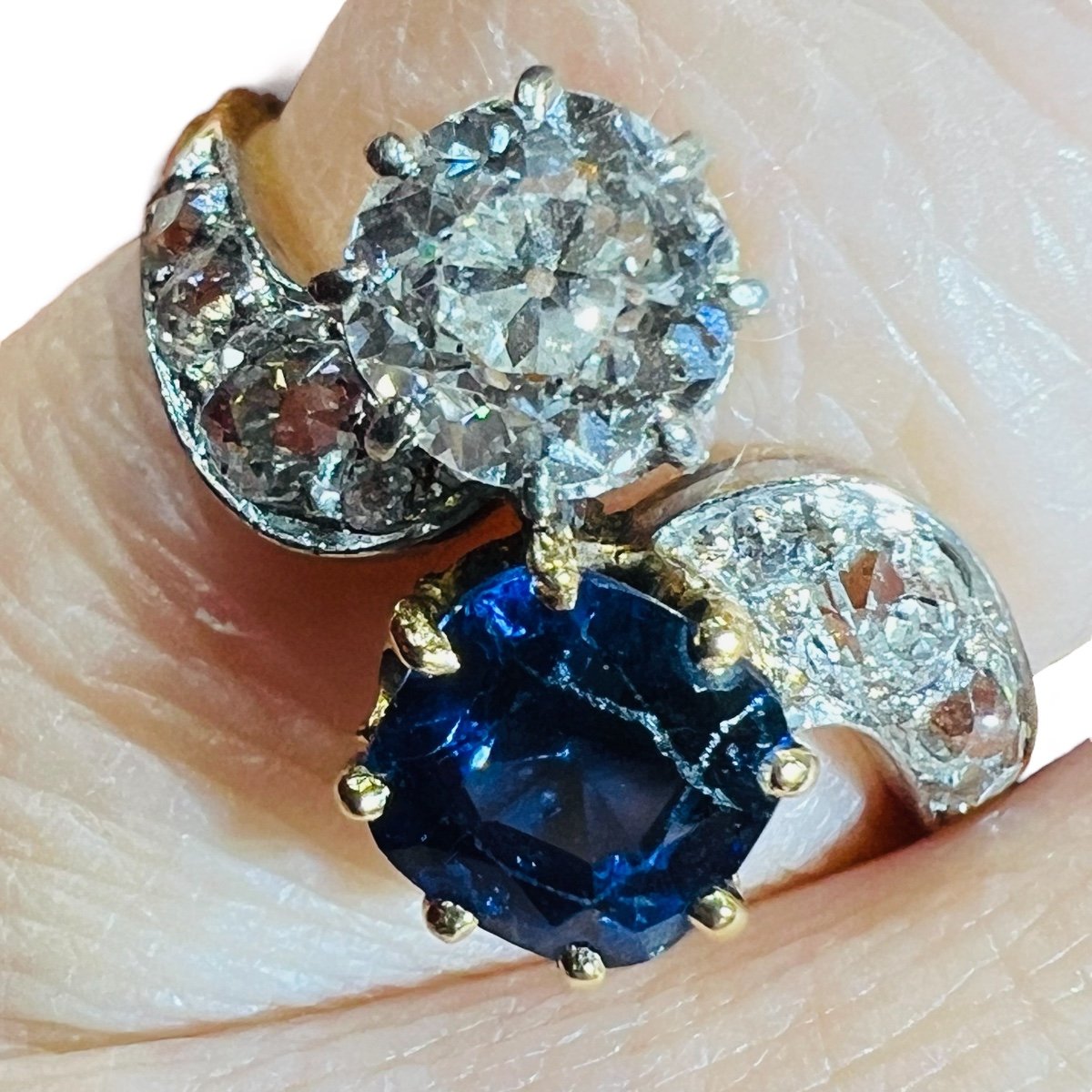 Ring “toi Et Moi ”diamond Sapphires 18 Carat Yellow Gold, Napoleon III Period 18 Carat  Gold-photo-8