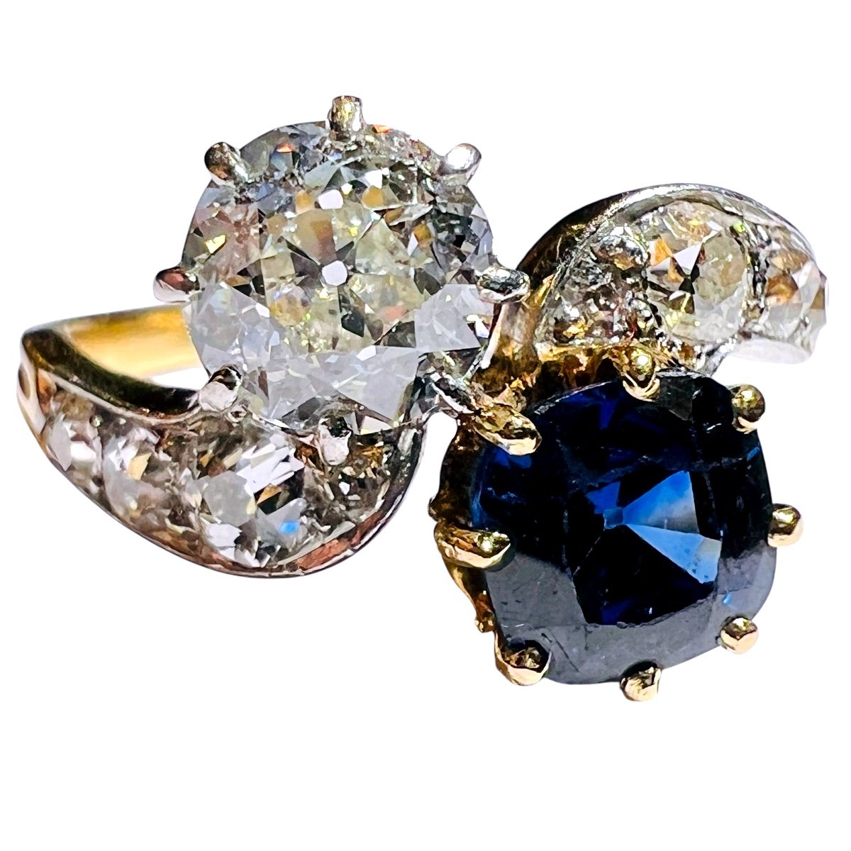 Ring “toi Et Moi ”diamond Sapphires 18 Carat Yellow Gold, Napoleon III Period 18 Carat  Gold