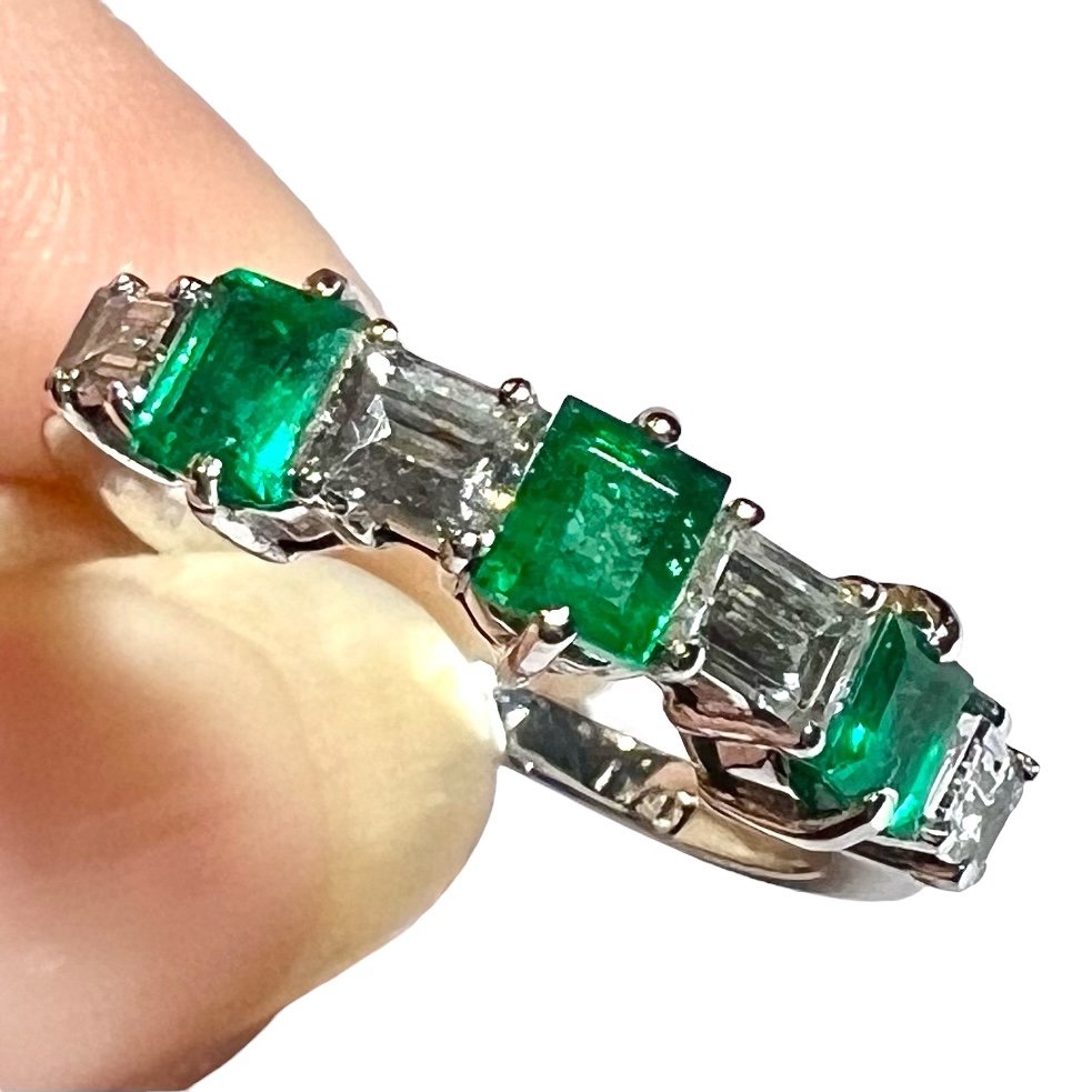 Emerald And Diamond Half-alliance Ring, 18 Carat White Gold