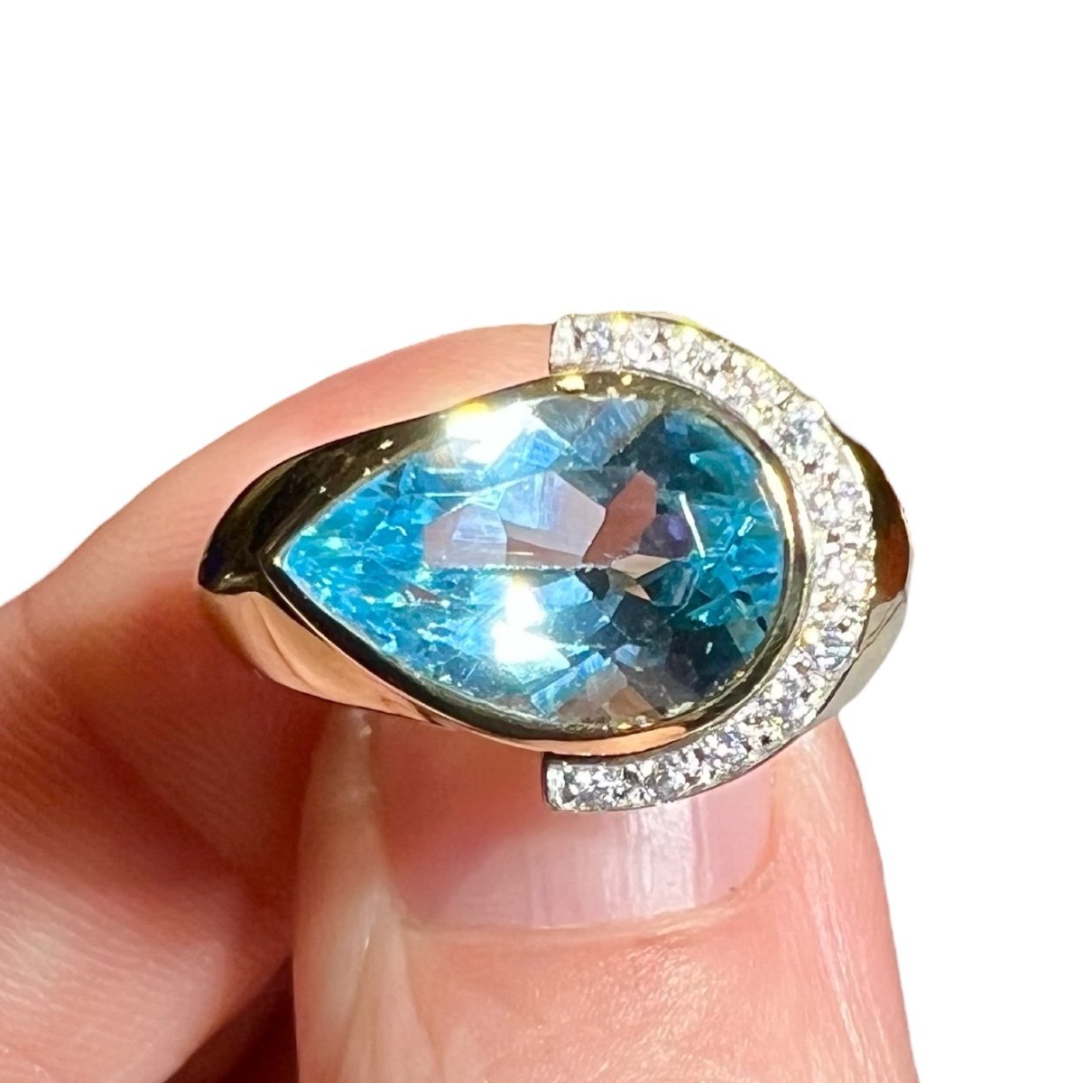 Bague Diamants Et Topaze Bleue Or Jaune 18 Carats-photo-4