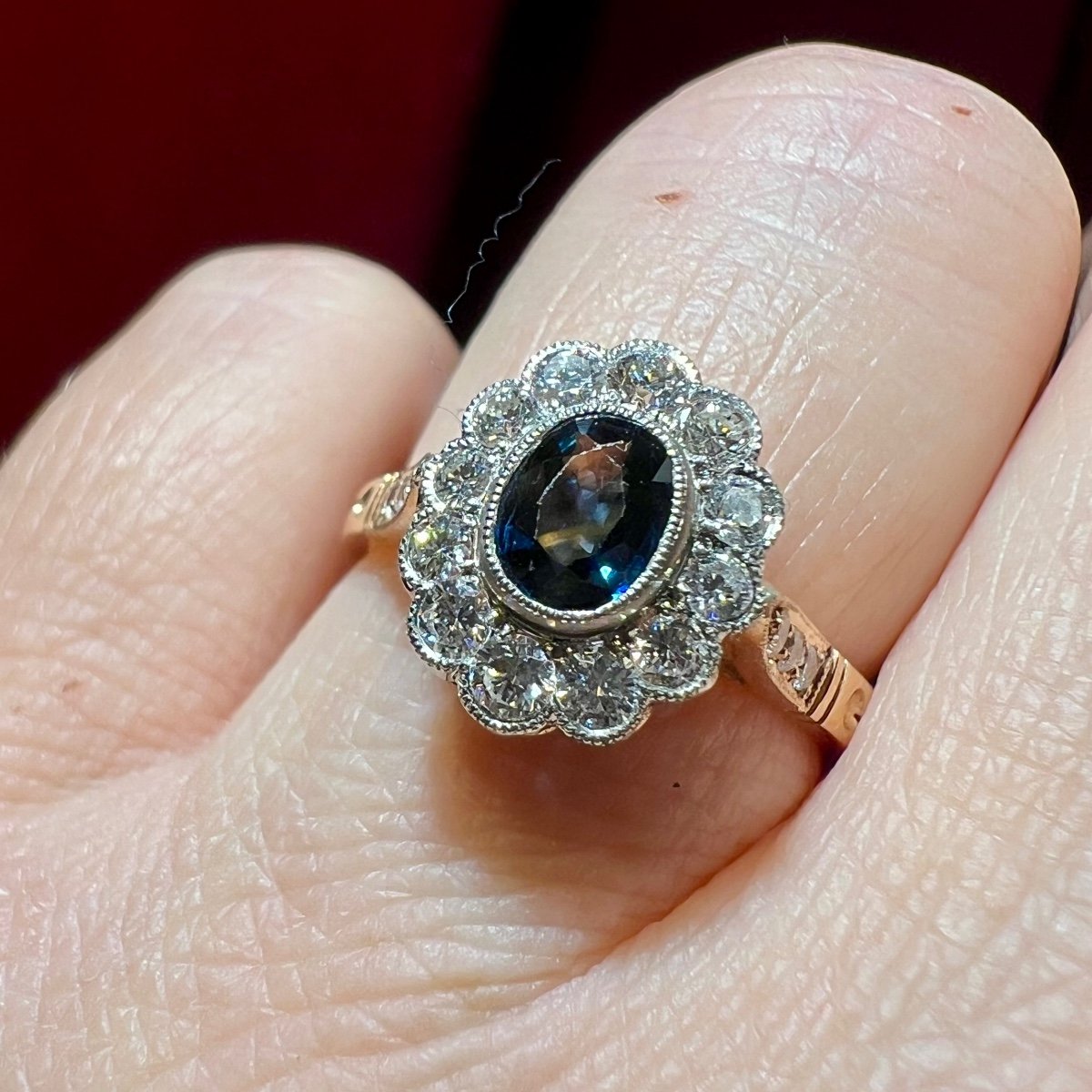 Bague Pompadour Ou Marguerite Saphir Et Diamants, Or Jaune 18 Carats-photo-4