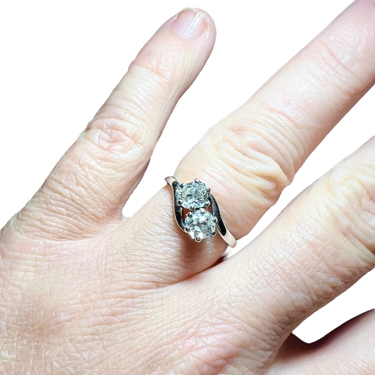 Diamond Ring, 18k White Gold, Two Old Cut Diamonds, “toi Et Moi” Ring-photo-2