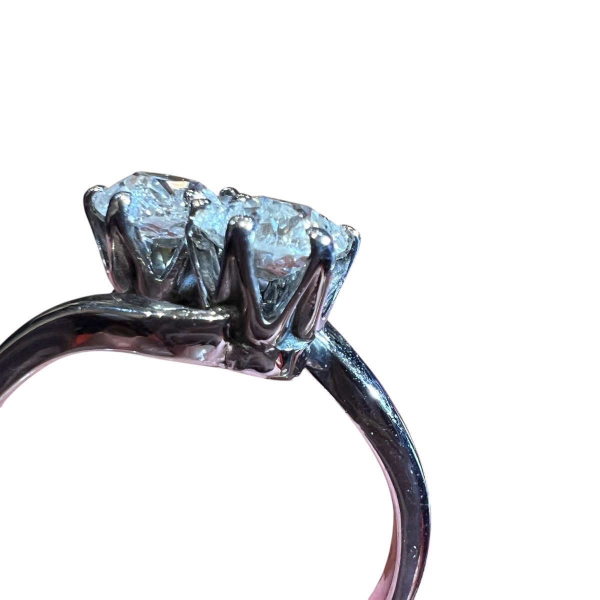 Diamond Ring, 18k White Gold, Two Old Cut Diamonds, “toi Et Moi” Ring-photo-6