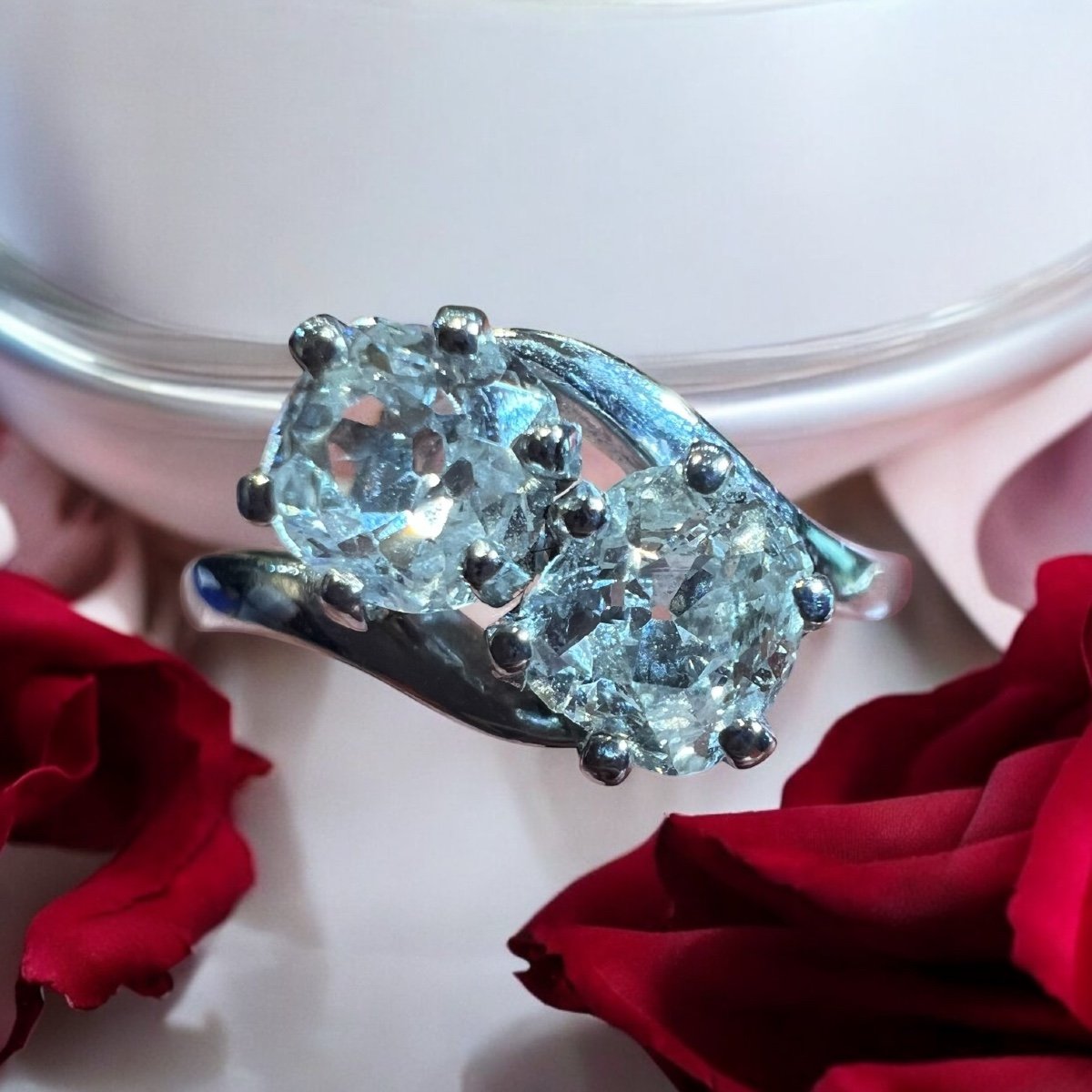 Diamond Ring, 18k White Gold, Two Old Cut Diamonds, “toi Et Moi” Ring-photo-7