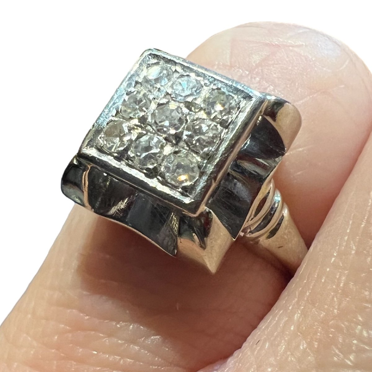 Diamond Ring, 18 Ct White Gold, 9 Diamonds For 0.35 Ct, Circa 1930/1940-photo-6