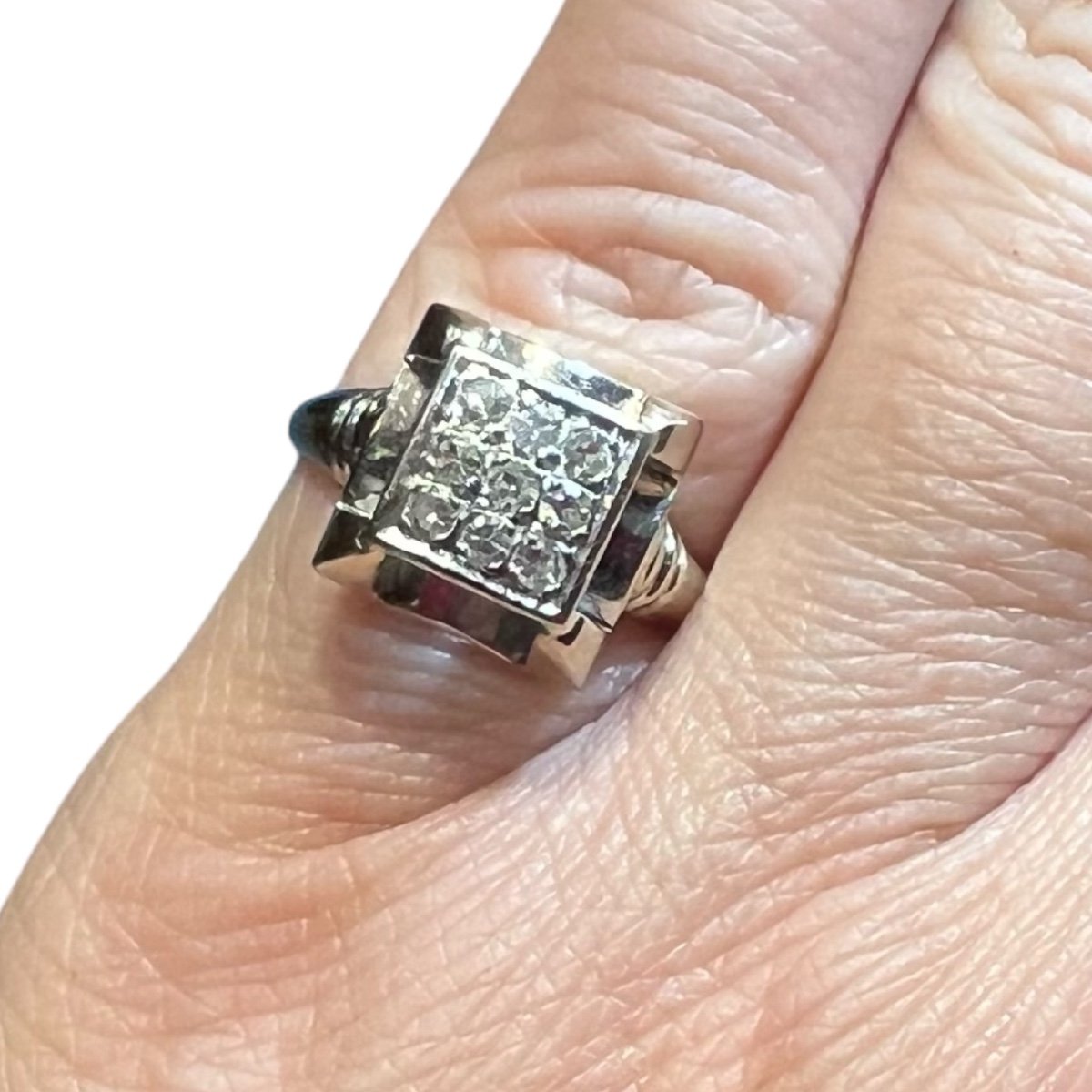 Diamond Ring, 18 Ct White Gold, 9 Diamonds For 0.35 Ct, Circa 1930/1940-photo-7