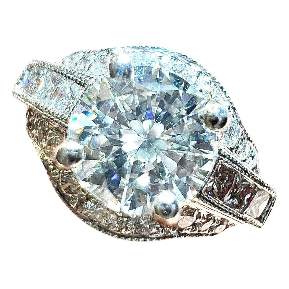 Bague diamant  taille moderne ronde de 0.80ct, entourage diamants pour 0.40 ct, or blanc 18 ct -photo-3