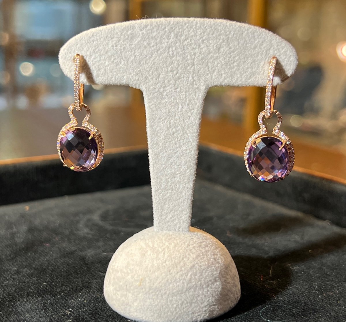 18ct Rose Gold Earrings Set With Amethysts Surrounded By Brilliants