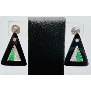 Boucles d'Oreille En Or 18ct Serties De Diamants, Jade Et Onyx Noir .