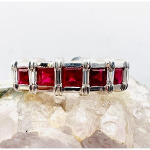 Half Wedding:  Calibrated Rubies , Baguette-cut Diamonds, Ring 18ct White Gold 