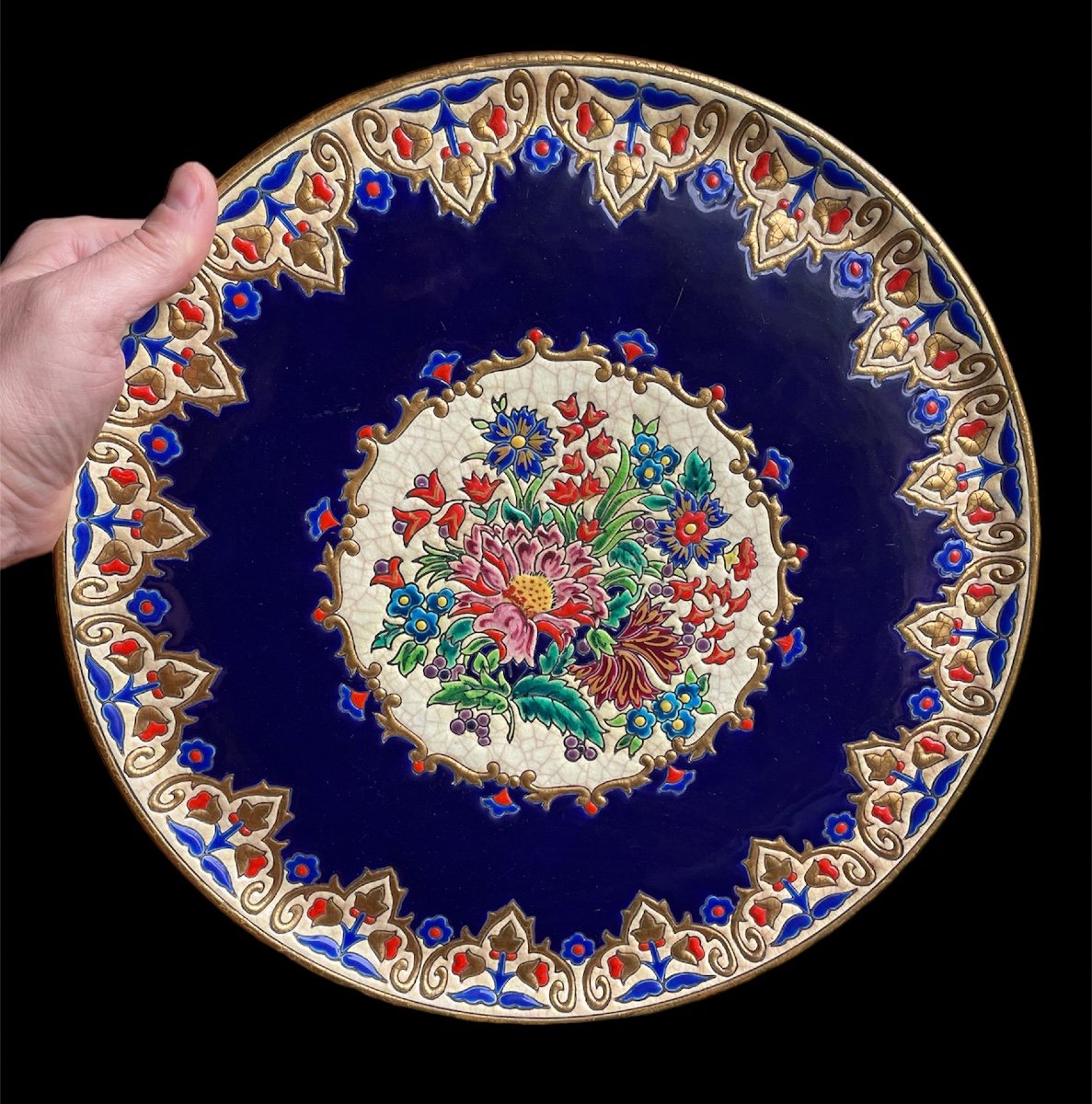 Large Round Dish In Longwy Enamels Renaissance Model Mp Decoration Decorated Knight Justin Masson-photo-6