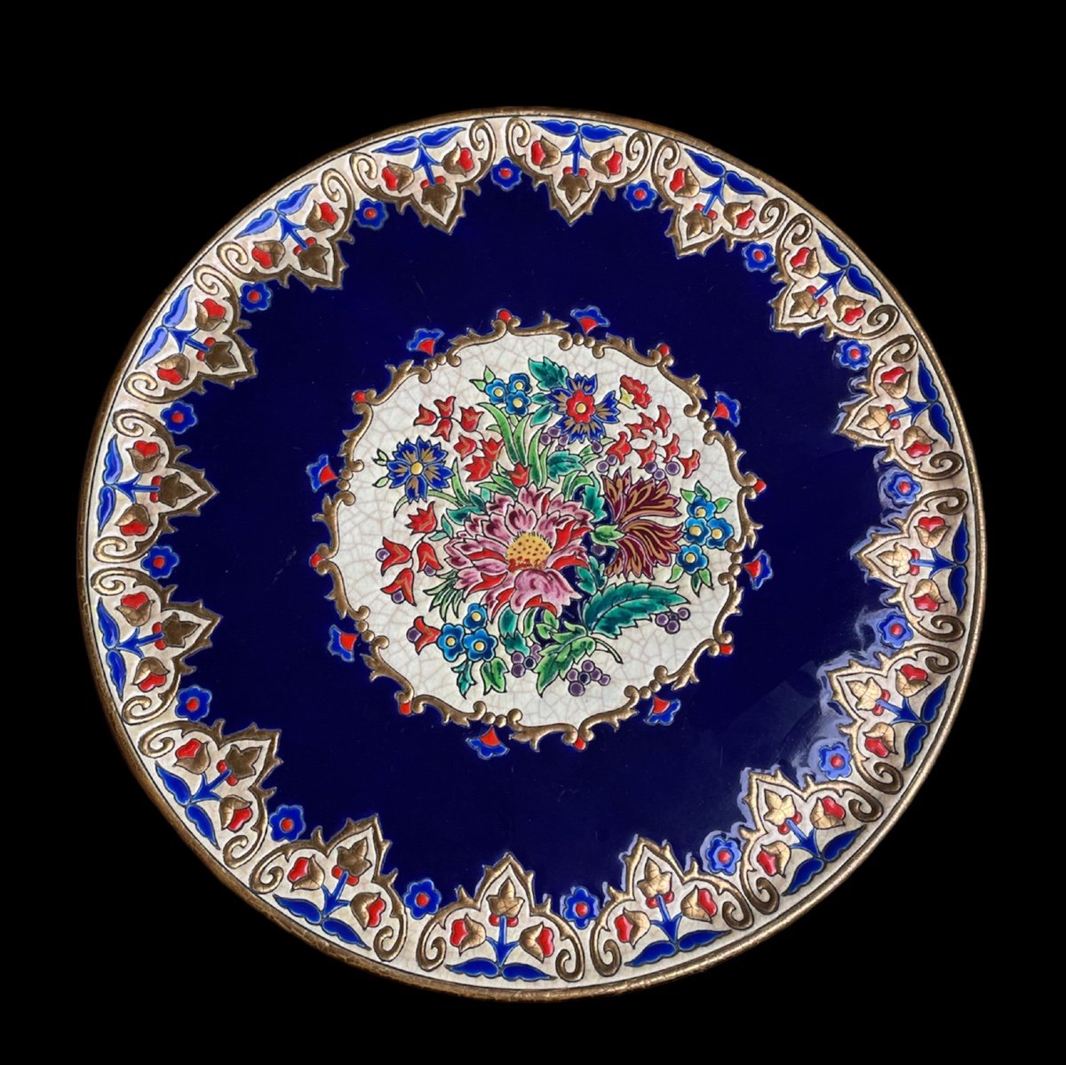 Large Round Dish In Longwy Enamels Renaissance Model Mp Decoration Decorated Knight Justin Masson