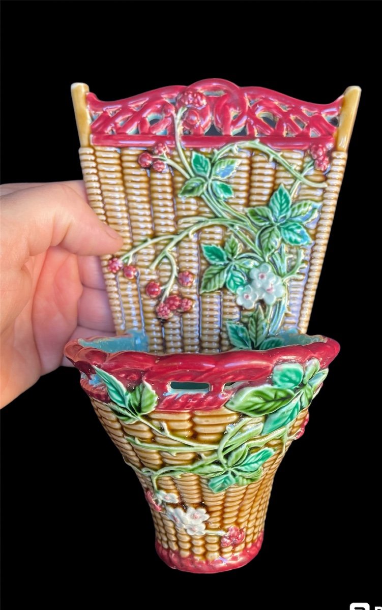 Sarreguemines Majolica Earthenware Flower Vase Varnished Terracotta Basket -photo-2