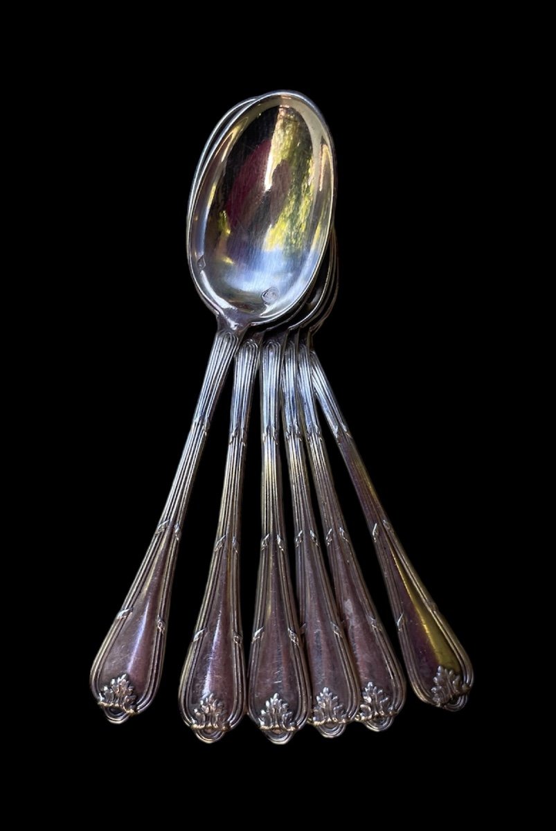 6 Moka Spoons In Sterling Silver, Louis XVI Minerva Mark, Crossed Ribbon Tabletop Art -photo-3