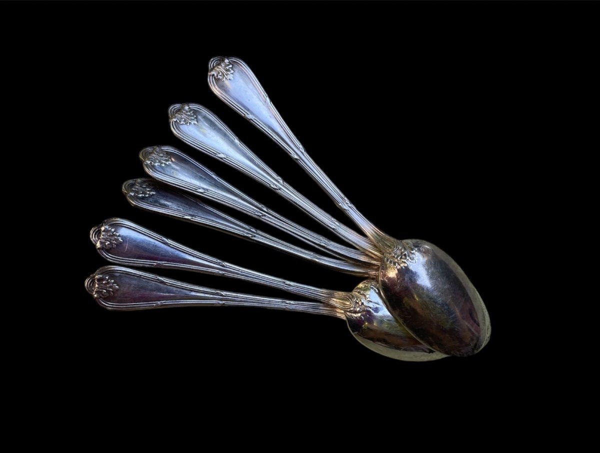 6 Moka Spoons In Sterling Silver, Louis XVI Minerva Mark, Crossed Ribbon Tabletop Art -photo-4