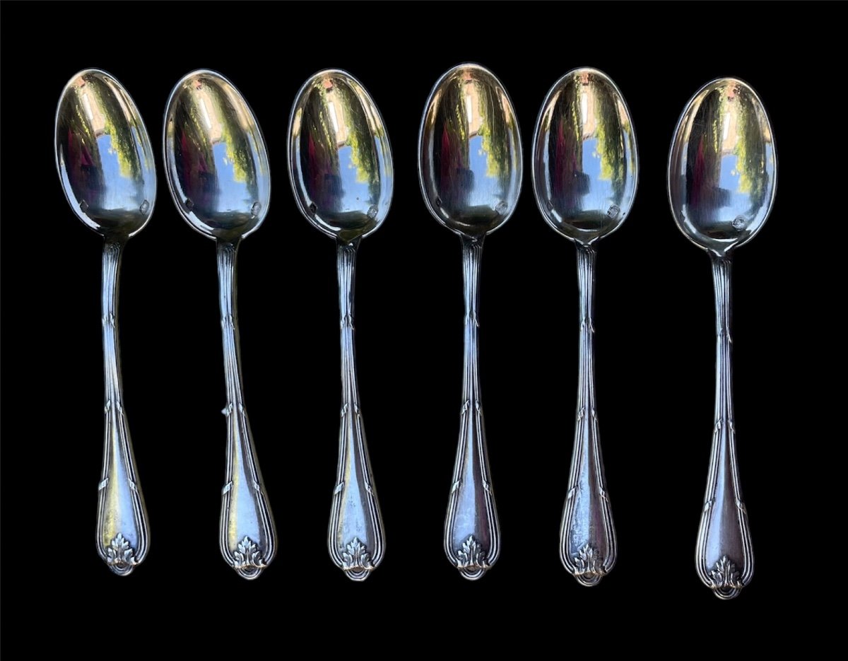 6 Moka Spoons In Sterling Silver, Louis XVI Minerva Mark, Crossed Ribbon Tabletop Art 