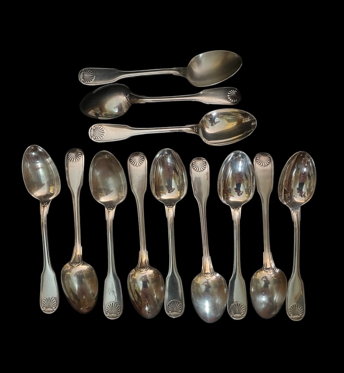 12 Christofle Spoons And Ladle In Silver-plated Metal Vendôme Model Shell Silverware Louis XV-photo-2