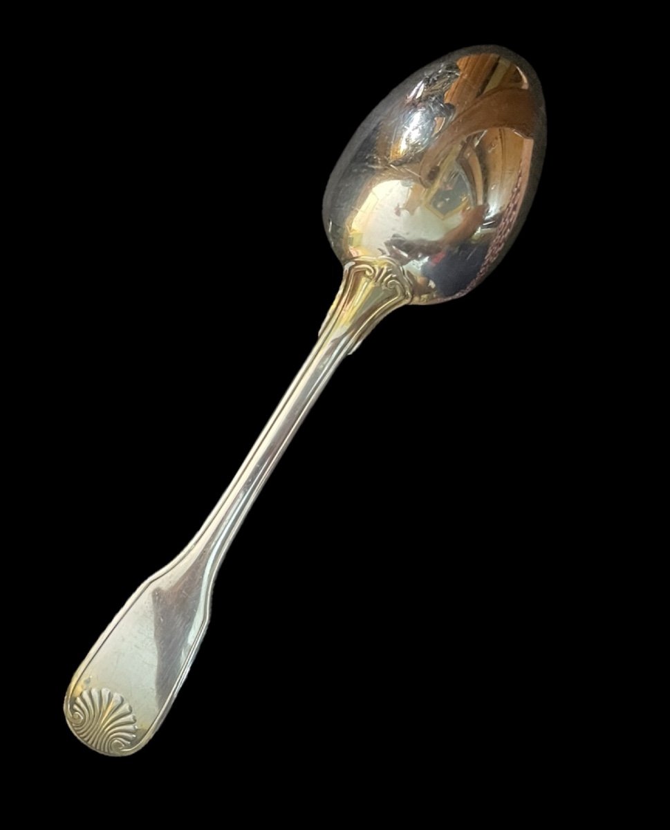 12 Christofle Spoons And Ladle In Silver-plated Metal Vendôme Model Shell Silverware Louis XV-photo-4