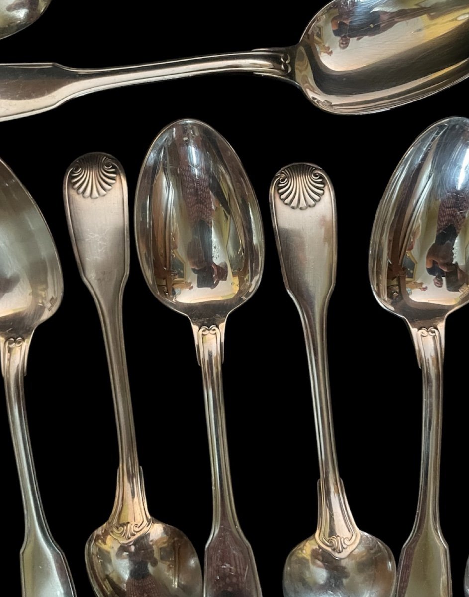 12 Christofle Spoons And Ladle In Silver-plated Metal Vendôme Model Shell Silverware Louis XV-photo-1