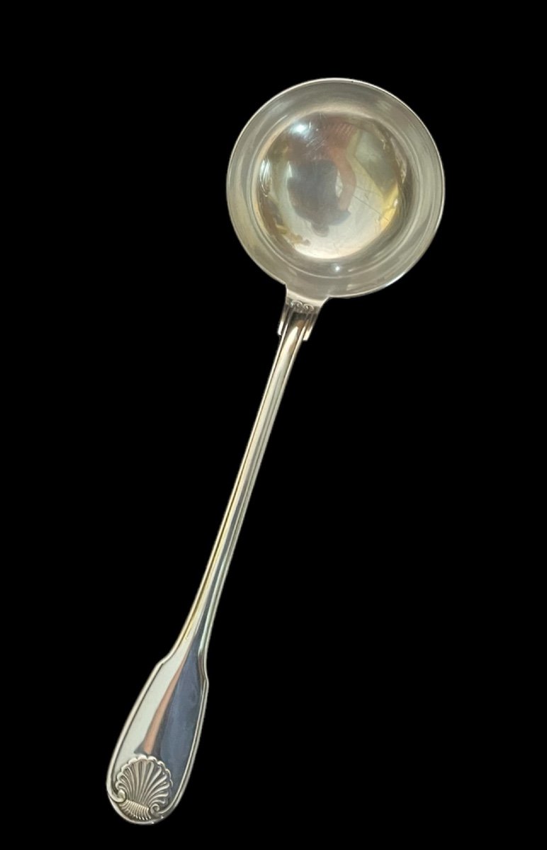 12 Christofle Spoons And Ladle In Silver-plated Metal Vendôme Model Shell Silverware Louis XV-photo-2